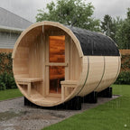 Outdoor Barrel Sauna, 6 Person Wood Steam Saunas Room with Porch, 6kw Toule Electric Heater with Sauna Stone, Canadian Pine, Roof, 94.48”*70.86“*70.86“ (Pine)