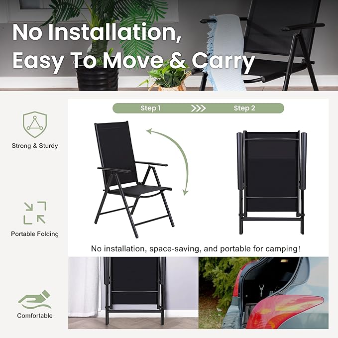 PHI VILLA Outdoor Dining Set with Patio Table and Chairs, Patio Dining Furniture Set for 6 with Adjustable Foldable Patio Chairs & Metal Steel Table for Garden, Black