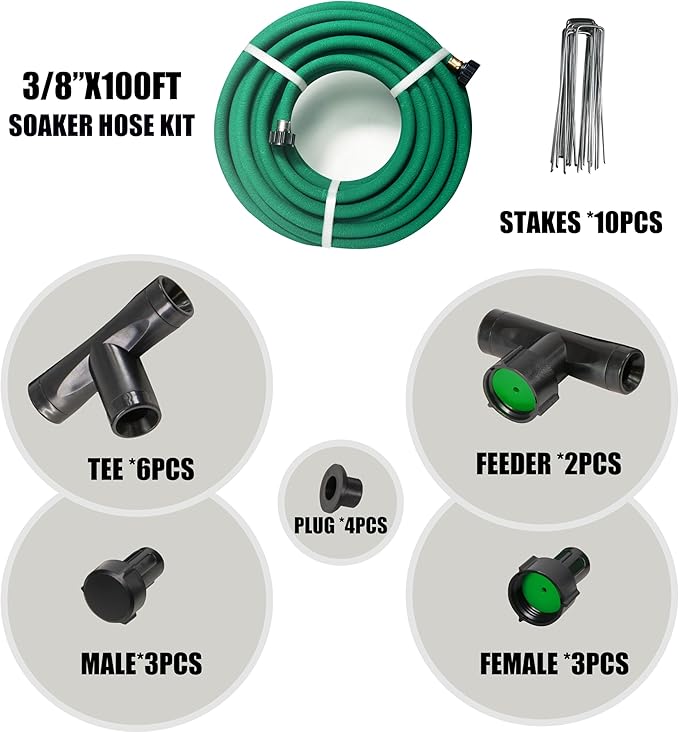 3/8” Soaker Hose 100 ft/Upgraded Rubber Hose Save 70% Water/Flexible Durable Garden Hose Quick Connect Fittings with Brass Ends/Ideal for Lawns,Trees,Vegetables,Gardens & Flower Beds