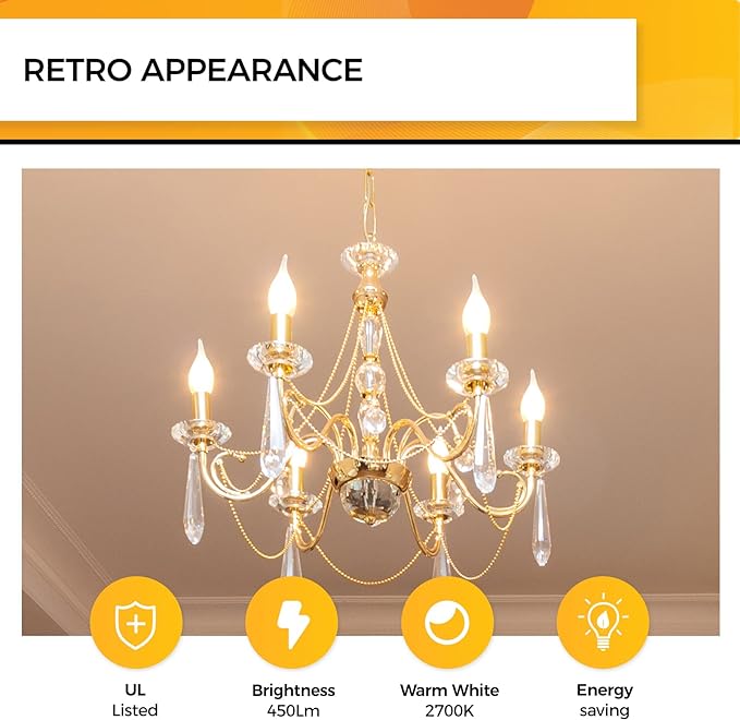Hizashi LED Candelabra Bulbs 40 watt Equivalent, 90+ CRI Dimmable E12 LED Bulb Flame Tip Candle Bulbs, 4W 450LM 2700K Soft Warm White, CA10 Chandelier Bulbs Candelabra Base, UL Listed - 6 Pack