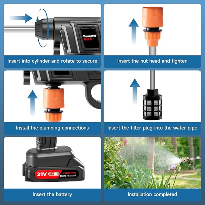 Cordless Pressure Washer Gun, 1500W Portable Battery Power Washer, 60Bar/870 PSI Electric Pressure Washer Handheld High Pressure washers with Nozzles, 2 Battery, 5m Hose Cordless Jet Washers