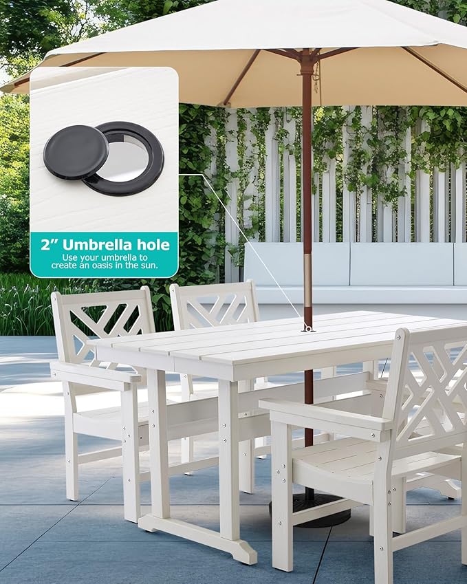 7 Piece HDPE Outdoor Dining Set for 6, Patio Dining Furniture Set with Umberlla Hole, Weather Resistent Outdoor Table and Chairs for Garden, Poolside, Backyard, Deck,White