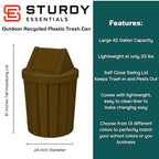 42 Gallon Round Slatted 100% Recycled Plastic Indoor or Outdoor Commercial Trash Can with Easy Access Swing Top Lid | Great for Schools and Businesses - Brown