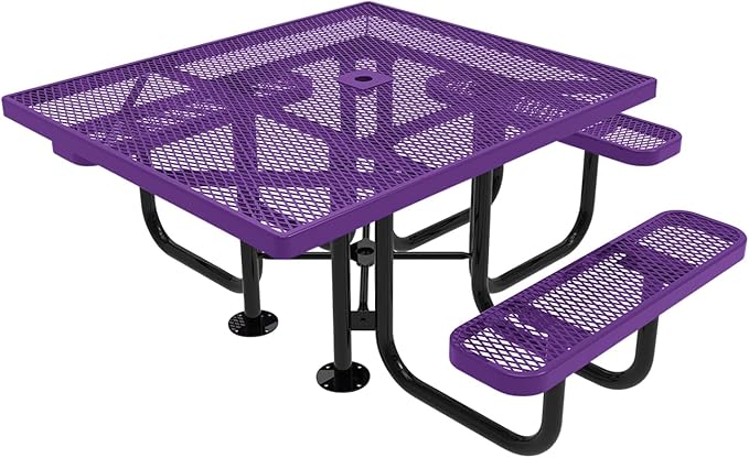 COATEDOUTDOORFURNITURE Heavy-Duty Portable ADA-Compliant Outdoor Picnic Table with Umbrella Hole, Expanded Metal Patio Dining Furniture Made in America (46" Square Top, Textured Purple)