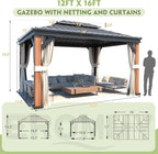 EROMMY 12' x 16' Hardtop Gazebo, Wooden Grain Aluminum Frame Thicker Column with Galvanized Steel Roof, Outdoor Permanent Pavilion with Curtains and Nettings for Patio, Backyard, Deck and Lawns