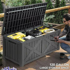 YITAHOME 120 Gallon Large Deck Box with X-Shaped Front, Resin Outdoor Storage Boxes, Waterproof Cushion Storage Bench for Patio, Pool Supplies, Garden Tools - Lockable, Dark Gray