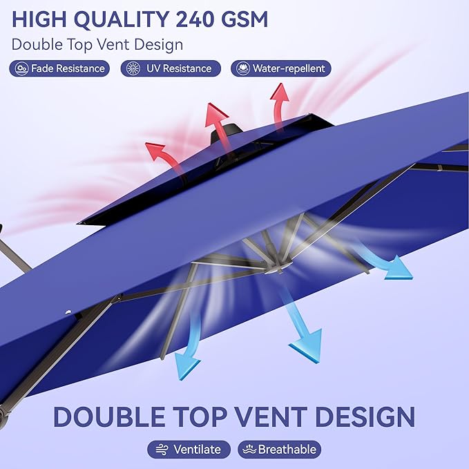 9x12 FT Patio Umbrella with base, Large Cantilever Rectangular Double Top Heavy Duty Offset Umbrellas with 360° Rotation, Outdoor shade for Garden Deck Pool, Navy