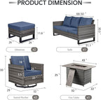 6 Piece Wicker Patio Furniture with Fire Pit Table - Outdoor Conversation Set with 50,000 BTU Fire Pit, All Weather Rattan Patio Set for Deck Backyard Garden - Grey Wicker Blue Cushion