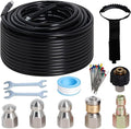 50FT Sewer Jetter Kit for Pressure Washer, 5800PSI Water Jet Durable Drain Cleaner Hose 1/4 Inch NPT Corner with 4 Specialized Nozzles，Waterproof Tape, Pearl Corsage Pin, Handle Strap & 2 Spanners