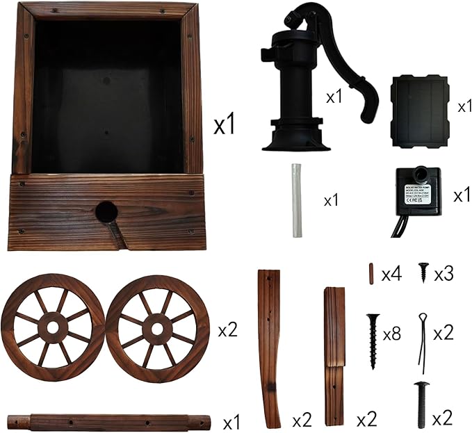 Carbonized Wood Outdoor Freestanding Fountain - Movable Vintage Hand Pump Cart, Solar-Powered Electric Decorative Water Feature for Patio, Garden & Indoor Decoration