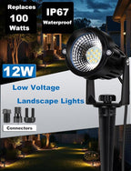12W Landscape Lights Low Voltage LED Landscape Lighting Spotlight Waterproof Garden Pathway Christmas Decorative Lights Outdoor, 20 Pack with Connector (Warm White 3000K)