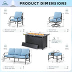 MFSTUDIO 8 Pieces Patio Furniture Sets with 45" Gas Fire Pit Table(Up to 9 Seat),Outdoor Metal Conversation Sofas with 1 x 3-Seat Sofa, 2 Single Chairs,2 Swivel Chairs and 2 Ottoman,Blue Cushion