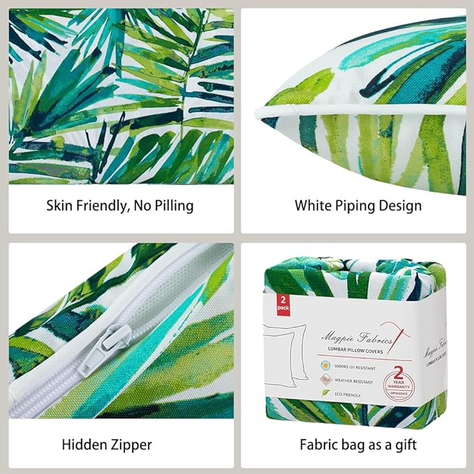 Magpie Fabrics Patio Lumbar Pillow Covers ONLY 20"x12", Set of 2, Outdoor Indoor Cushion Cases Decorative Throw Rectangular Pillowcase Shell for Couch Garden - Green Palm Leaves