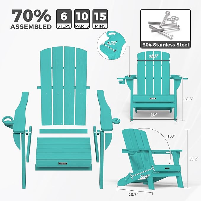 Folding Adirondack Chair with Wood Texture, Plastic Adirondack Chairs with 2 Cup Holder, HDPE All-Weather Fire Pit Chairs,Outdoor Lawn Chair for Patio Garden (Lake Blue)