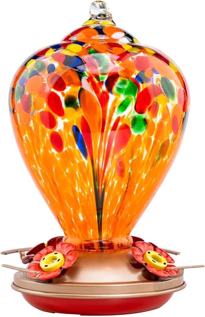 Muse Garden Hummingbird Feeders for Outdoors Hanging, Blown Glass Hummingbird Feeder Gifts for Mom, Garden Decor for Outside, Unique Gifts Idea for Women, 34OZ, Orange Fireworks