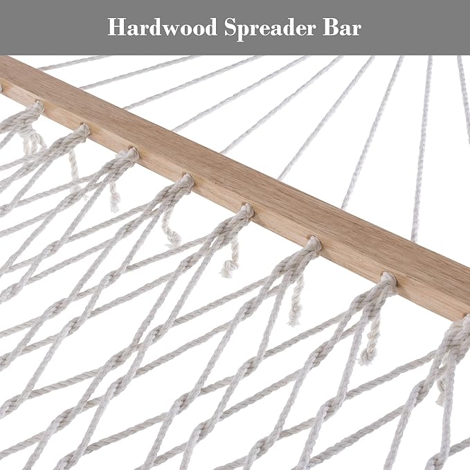SUNCREAT 2 Person Hammock with Hardwood Spreader Bar, Outdoor Rope Hammock with Polyester Pad, 475 lbs Capacity, Beige
