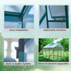 72*72in Greenhouse for Outdoors, Polycarbonate Greenhouse with Stronger Wind Protection and Roof Vent, Walk-in Large Aluminum Sunroom Winter Proof, Green
