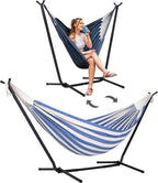 SUNCREAT 2-in-1 Convertible Free Standing Hammock with Stand Included, Camping Backyard Hammock with Stand, Patent Pending, Blue & White Stripe
