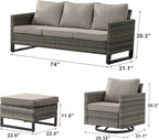 Rilyson Wicker Outdoor Patio Furniture Set - 5 Piece Patio Conversation Set with 2 Swivel Rocker Chairs,2 Rattan Ottoman and 1 Couch for Outside Porch Deck Backyard Garden(Mixed Grey/Grey)