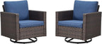 Rilyson Outdoor Patio Swivel Rocker Chairs - Wicker Patio Swivel Rocking Chairs Set of 2 with Waterproof Wicker,Comfortable Cushions and Sturdy Metal Frame for Outside Porch Deck Backyard(Brown/Blue)