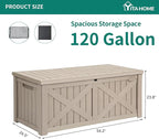 YITAHOME 120 Gallon Large Outdoor Storage Box with X-Shaped Front, Waterproof Resin Deck Box Cushion Storage Bench for Patio, Pool Supplies, Garden Tools- Lockable, Taupe