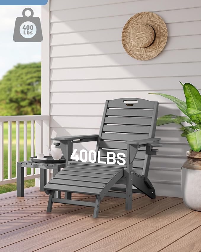 Folding Adirondack Chairs Set of 6,Adirondack Chair with Retractable Ottoman,Plastic Adirondack Chairs with 2 Cup Holder,Weather Resistant Patio Chair,Outdoor Chairs Set of 6(Grey)