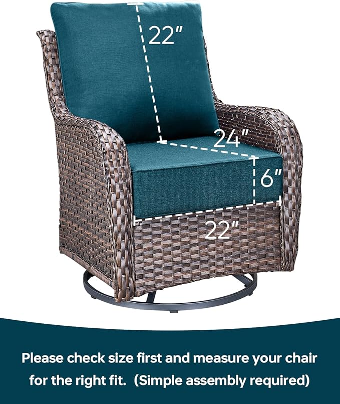 Luxury 22x24/22x25 6-Inch Outdoor Cushions for 5 Peice Patio Furniture Set - Set of 5 Water-Resistant Pillow for Dining Rocking Swivel Chairs Loveseat Couch Sectional Sofa - Peacock Blue