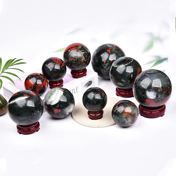 JIC Gem Real Quartz Crystal Sphere Ball African Bloodstone Healing Crystal Ball with Decoation Stand for Fengshui Meditation Ball (60-70mm)