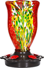 LUJII Hummingbird Feeders for Outdoors, Blown Glass Hummingbird Feeder for Outside Hanging with Ant Moat, Leak Proof & Anti Rust Metal Base, 25 fl.oz Capacity, Gifts for Bird Lovers or Gardeners, Red