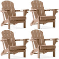 Folding Adirondack Chair, HDPE Outdoor Texture Lawn Chair with Reclining Back, Cup and Phone Holder - Comfortable Firepit Chair Weather Resistant for Patio or Backyard (Brown, Set of 4)