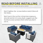 5 Piece Wicker Patio Furniture Sets Outdoor Conversation Set, PE Rattan Sectional Sofa Couch with 45" Fire Pit Table and Non-Slip Navy Blue Cushions, Furniture Covers Included