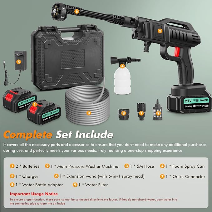 Cordless Pressure Washer Battery Powered, 80Bar/1160PSI Cordless Power Washer with 3.0Ah Battery&Charger&6-in-1 Nozzle, Handheld Pressure Washer Cleaner Portable Power Washer Kit for Car/Garden/Home