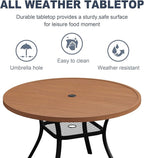 VICLLAX 40.6" Round Metal Outdoor Dining Table for 4, Patio Table with Umbrella Hole and Storage Shelf for Garden, Lawn, Deck, Walnut