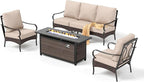 Patio Furniture Set with 56" Fire Pit Table, Premium Outdoor Wicker Metal Frame Furniture with Upgraded Waterproof Thick Cushions for Porch, Poolside, Deck, and Yard （4 Pieces,Beige）