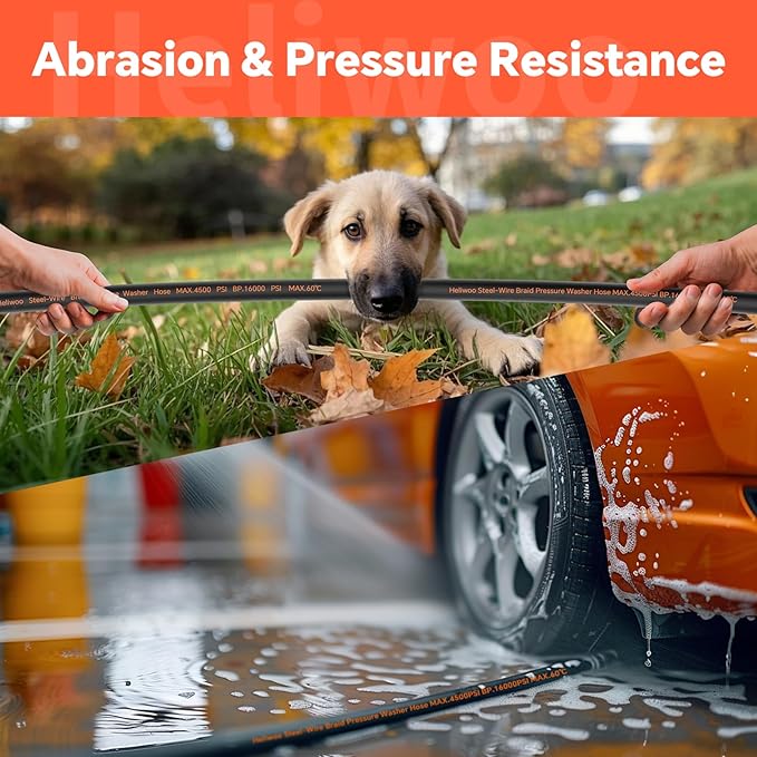 5/16" Pressure Washer Hose 100 FT, Hot and Cold Water Power Washer Hose Max 140°F, Commercial Industrial Grade Steel Wire Braided Kink Proof Extension Hose -4500 PSI