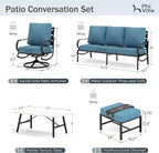 PHI VILLA 6 Piece Patio Furniture Sets with 1 x 3-Seat Deep Seating Bench, 2 x Cushioned Swivel Sofa Chairs, 1 x Coffee Table & 2 Ottoman, Outdoor Metal Conversation Set for Lawn Garden, Navy Blue