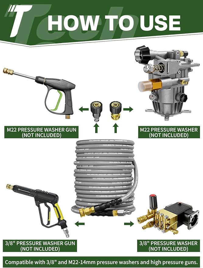 3/8" 4800PSI Pressure Washer Hose 50FT with Swivel Quick Connect for Cold/Hot Water Max 248°F, Kink Resistant Steel Wire Braided, Wear Resistant Power Washer Hose with M22 14mm Adapter