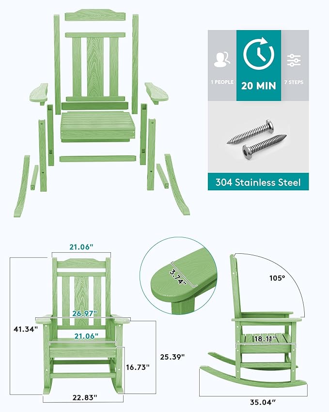 SERWALL Outdoor Rocking Chair Set of 2, Patio Rocking Chairs Set, HDPE Rocking Chair Outdoor for Adults, Heavy Duty Front Porch Rocker, Mint