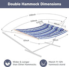SUNCREAT 2 Person Hammock with Hardwood Spreader Bar, Outdoor Rope Hammock with Polyester Pad, 475 lbs Capacity, Blue Stripes
