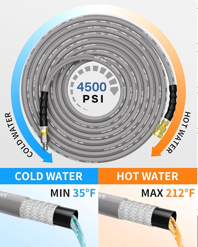 Pressure Washer Hose 125FT 3/8" for Cold and Hot Water 212°F, with Swivel Quick Connect, 4500PSI Kink Resistant Grade Steel Wire Braided, Power Washer Hose With 2pcs M22-14mm Adapter