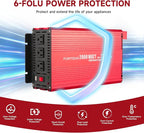 Pure Sine Vane Power Inverter 2000 Watt, DC 12V to 110V AC Converter with 3 Charger Outlets and with 2 Built-in 5V/2.1A USB Port Red