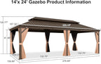 PURPLE LEAF 14' X 24' Outdoor Hardtop Gazebo Patio Wide Aluminum Frame Galvanized Steel Double Roof with Heavy Duty Netting and Curtains for Permanent Hard Top Pavilion Screen,Khaki
