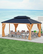 GAOMON Hardtop Spruce Wood Gazebo 12'x16', with Double Roof of Metal Sheets, 4.7'' Heavy Duty Poles, Net, and Curtain, Permanent Building for Patio, Deck, Backyard, Lawn, and Garden, Khaki
