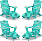 Folding Adirondack Chairs Set of 4,Adirondack Chair with Retractable Ottoman,Plastic Adirondack Chairs with 2 Cup Holder,Weather Resistant Patio Chair,Outdoor Chairs Set of 4(Lake Blue)