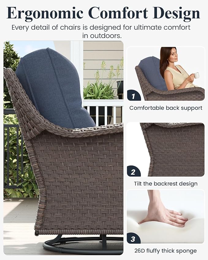 LayinSun 7 Piece Wicker Outdoor Furniture Set with 6-inch Comfy Cushions, High Back Patio Furniture Set with Swivel Rocking Chairs and Fire Pit Table