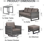 6 Piece Wicker Patio Furniture Set - Outdoor Swivel Rocker Chairs Set with Coffee Table, 3 Seat Sofa & Ottomans, Small Patio Conversation Sets Proch Furniture for Balcony Deck - Grey/Grey