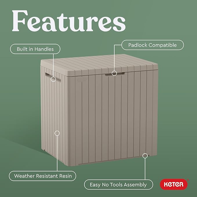 Keter City 30 Gallon Resin Outdoor Storage Box and Patio Furniture Side Table for Pool and Garden Accessories, Beige