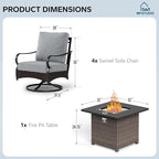 MFSTUDIO 5 Pieces Outdoor Patio Furniture Set, Metal Outdoor Conversation Sofa, Rattan Wicker Patio Sectional Sofa Set with 4 x Swivel Single Sofa, 1 x Fire Pit Table, Grey