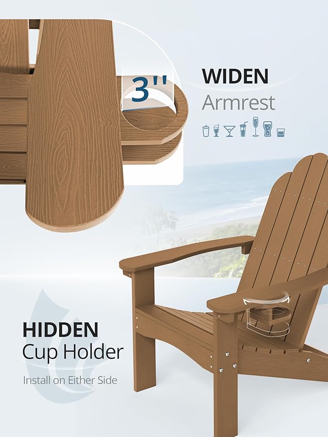 LUE BONA HDPE Adirondack Chairs Set of 2,Plastic Adirondack Chairs with Cup Holder Weather Resistant for Outdoor, Patio, Lawn, Garden, Backyard Deck, Fire Pit, Brown