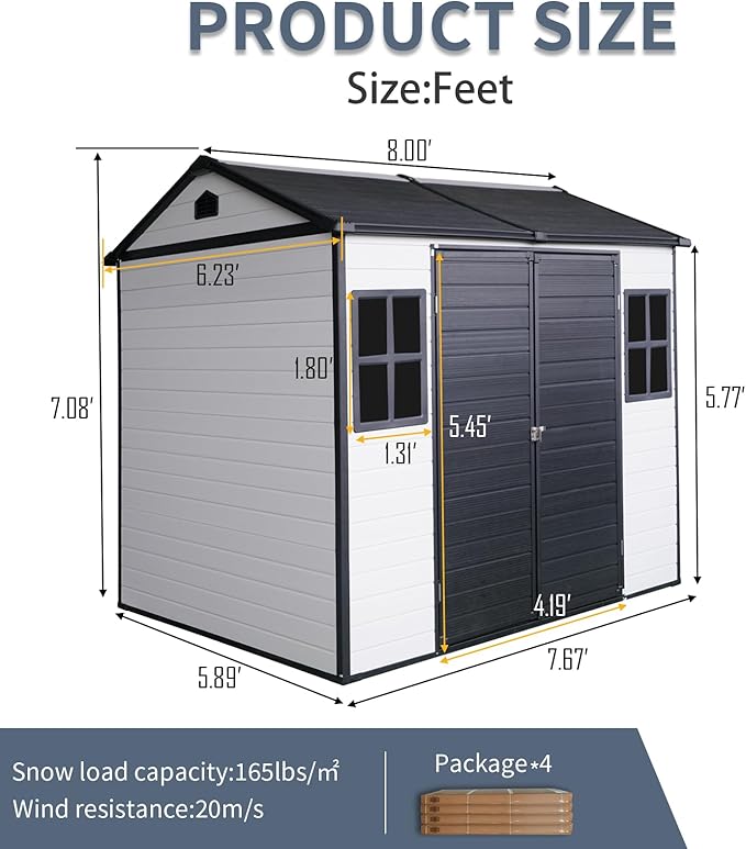 8x6 FT Resin Outdoor Storage Shed with Floor, Windows & Lockable Doors Waterproof All-Weather Garden Shed for Backyard, Patio, and Lawn Equipment Storage, White
